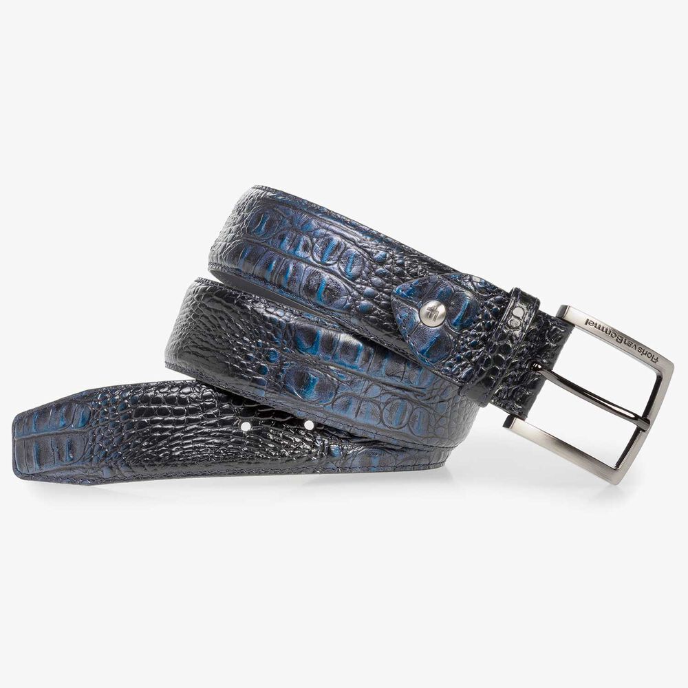 Blue leather belt with croco print