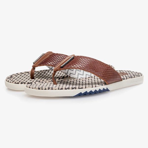 Cognac-coloured printed leather thong slipper