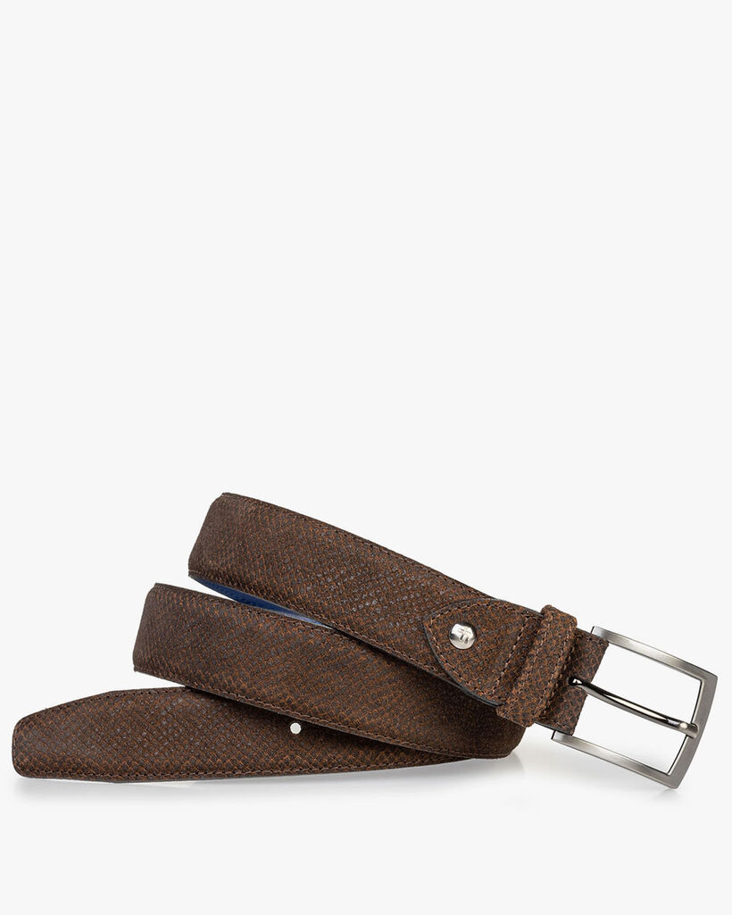 Suede leather belt with print cognac