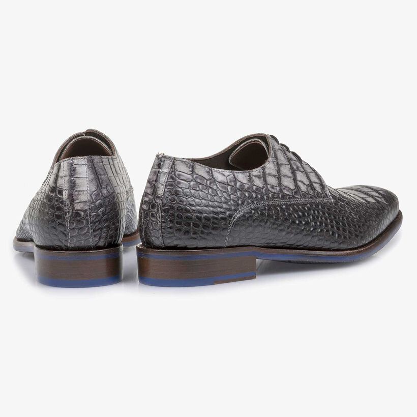 Grey croco print calf leather lace shoe