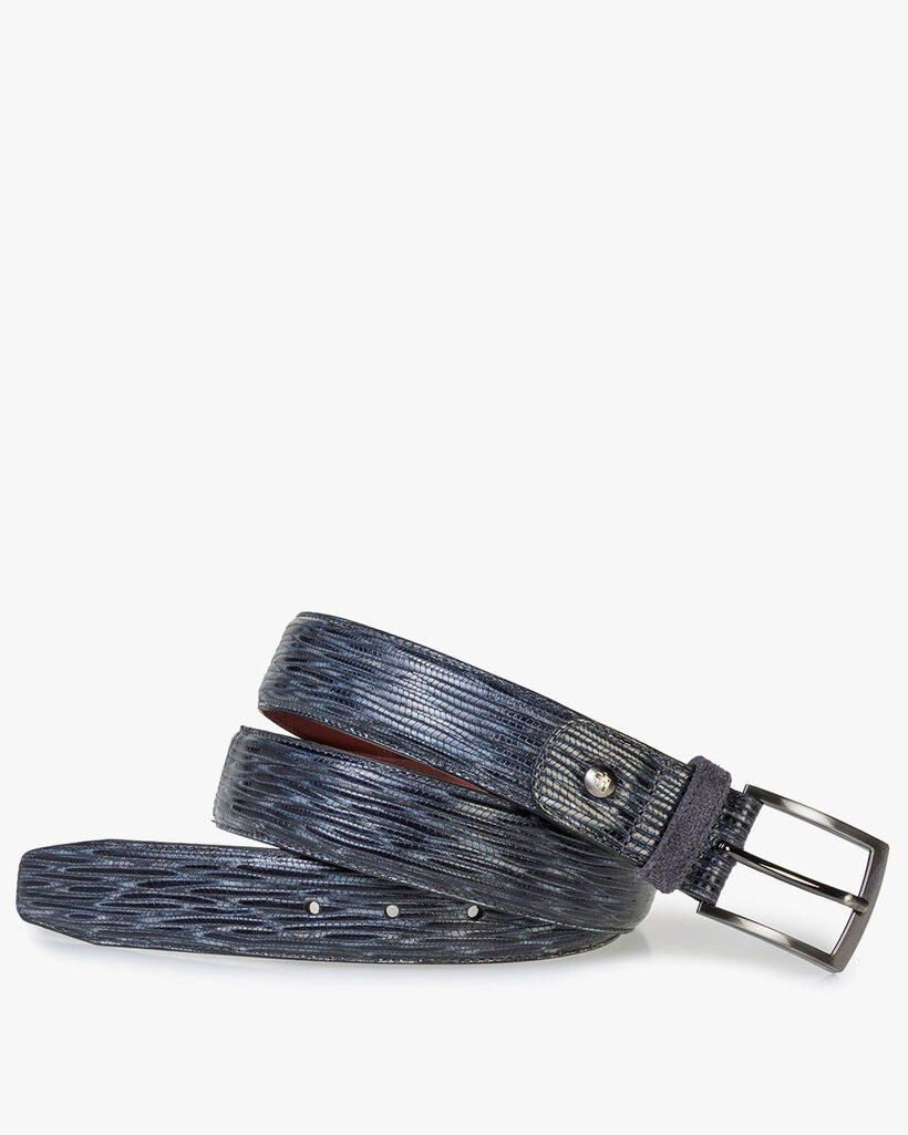 Blue and grey leather belt with print