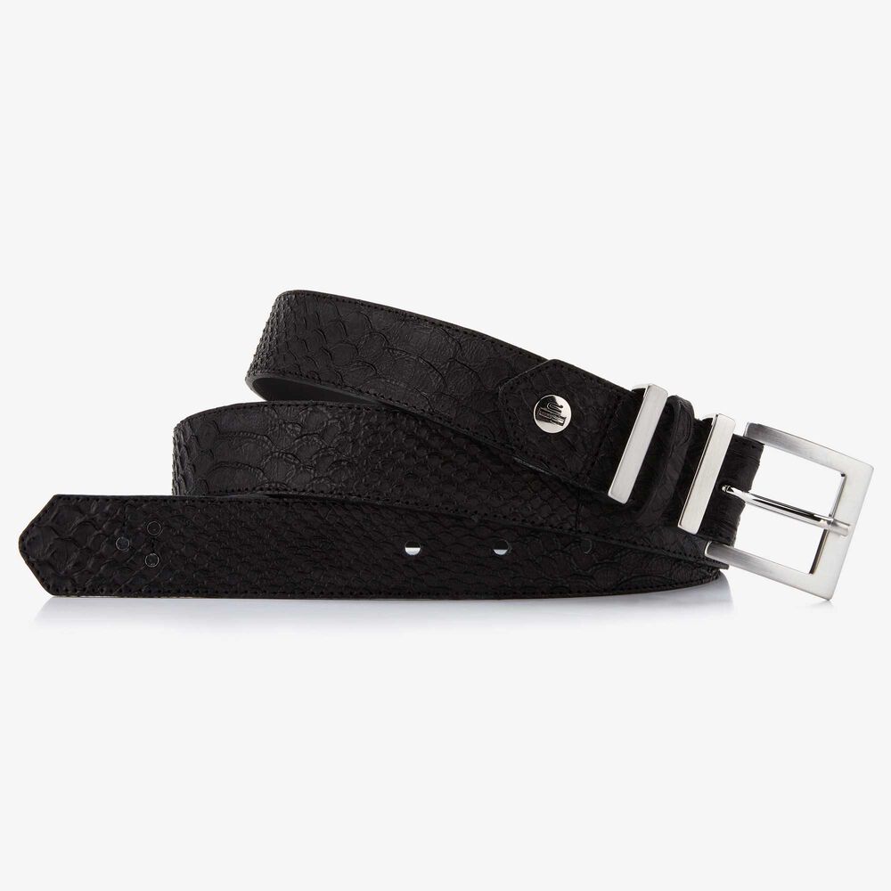 Black leather women's belt with snake print