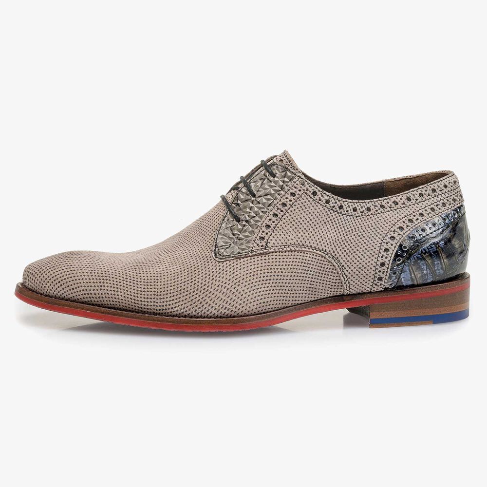 Taupe-coloured printed suede leather lace shoe