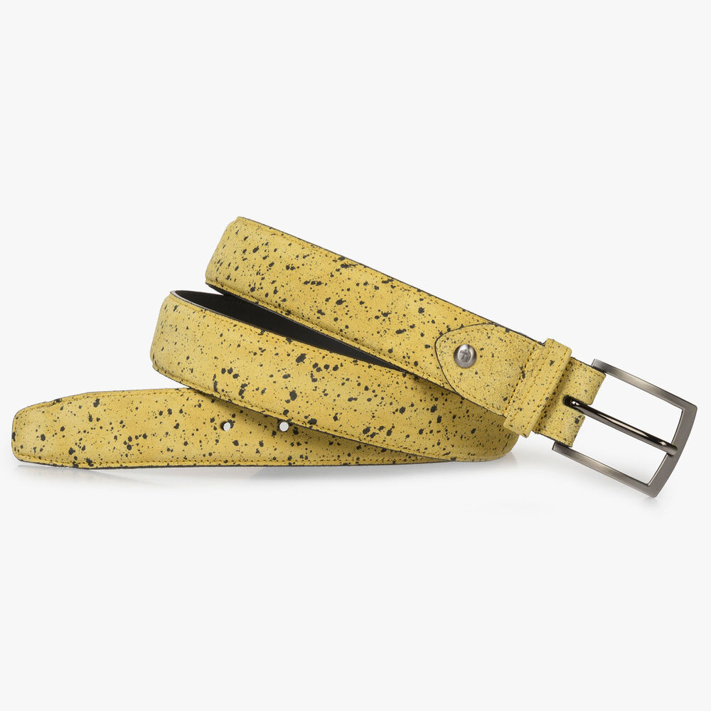 Yellow suede leather belt with black print