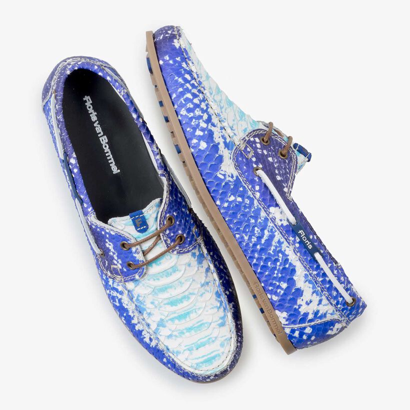 Blue leather boat shoe with snake print