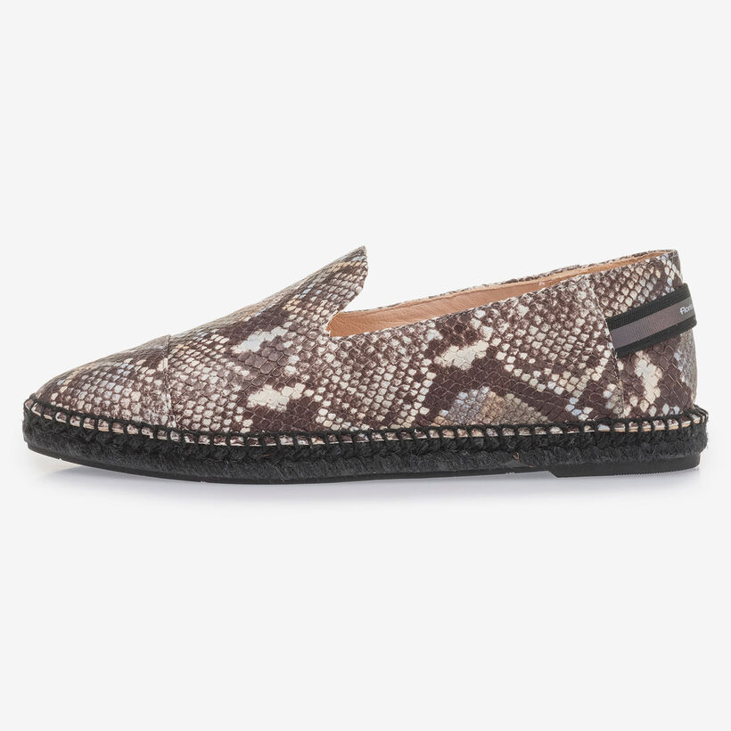 Brown and white leather espadrilles with snake print