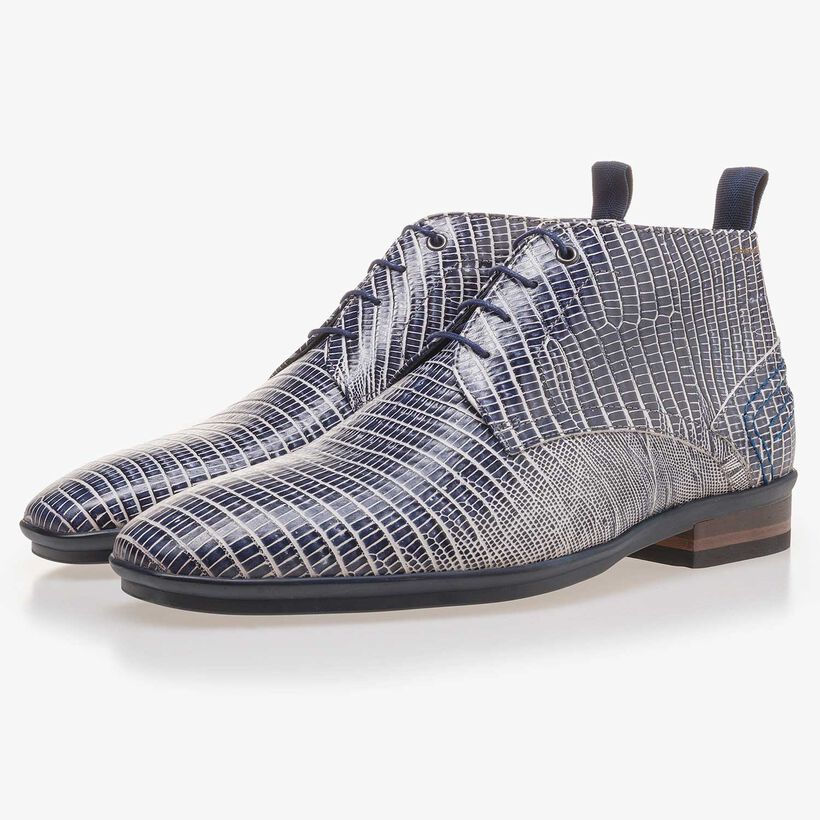 Blue leather lace boot finished with a lizard print