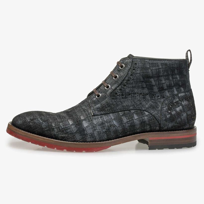 Blue suede leather lace boot with a check pattern