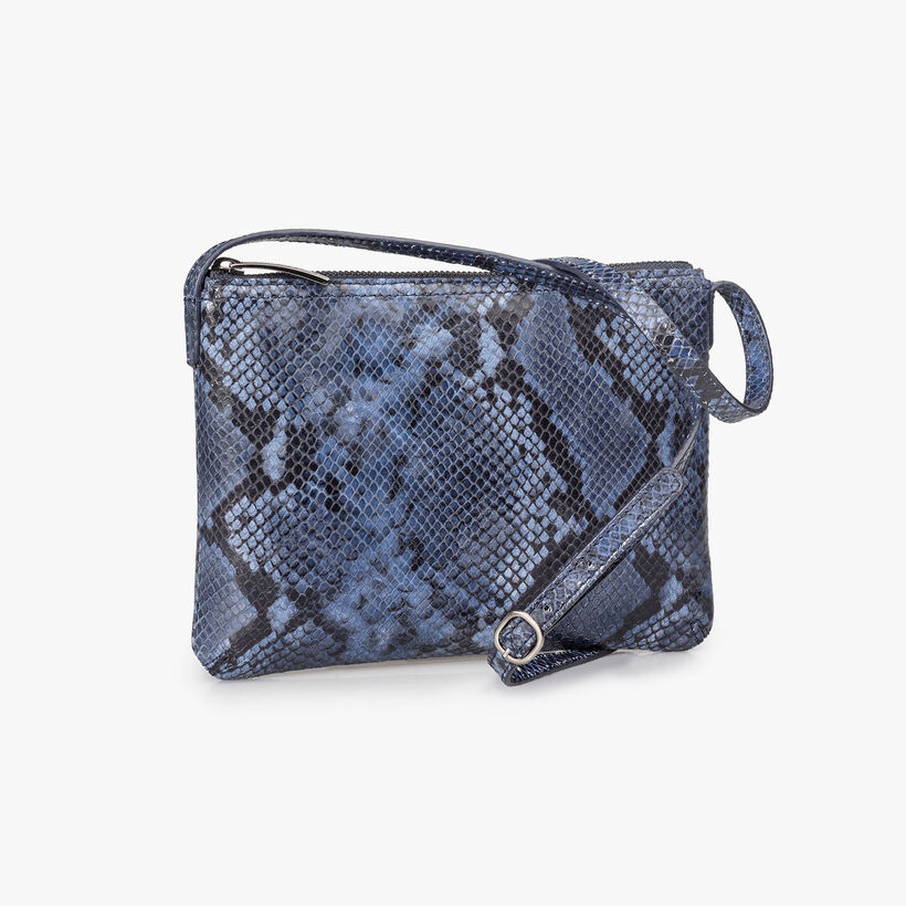 Blue leather cross body bag with snake print