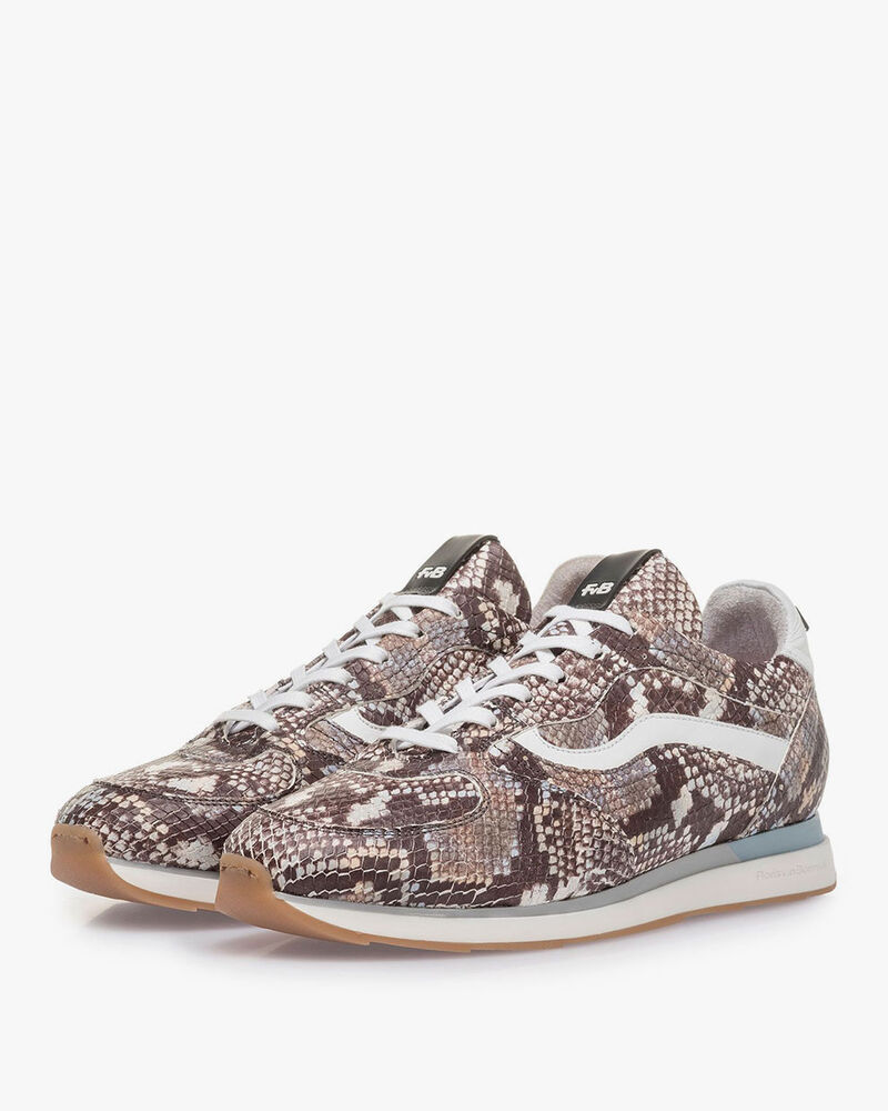 Brown and white sneaker snake print