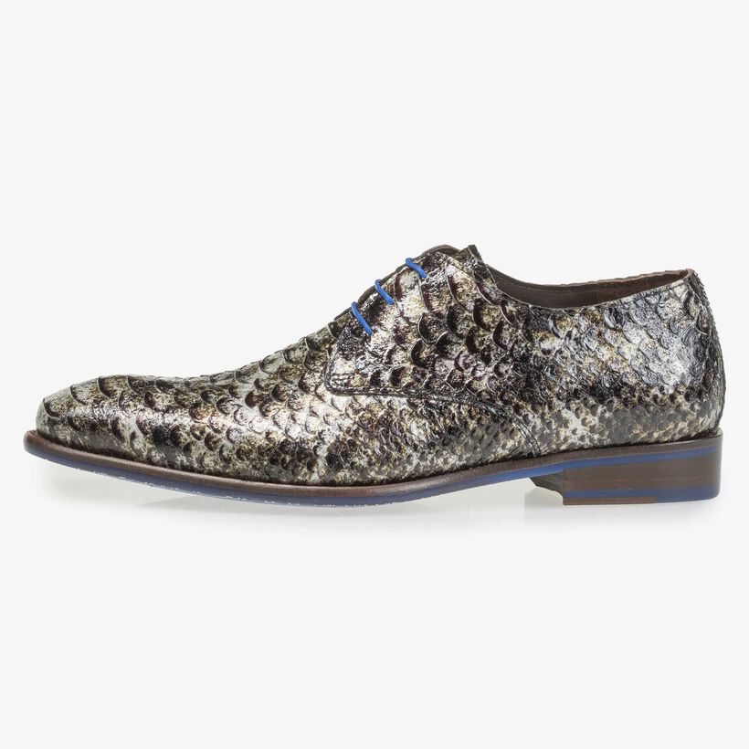 Grey patent leather snake print lace shoe