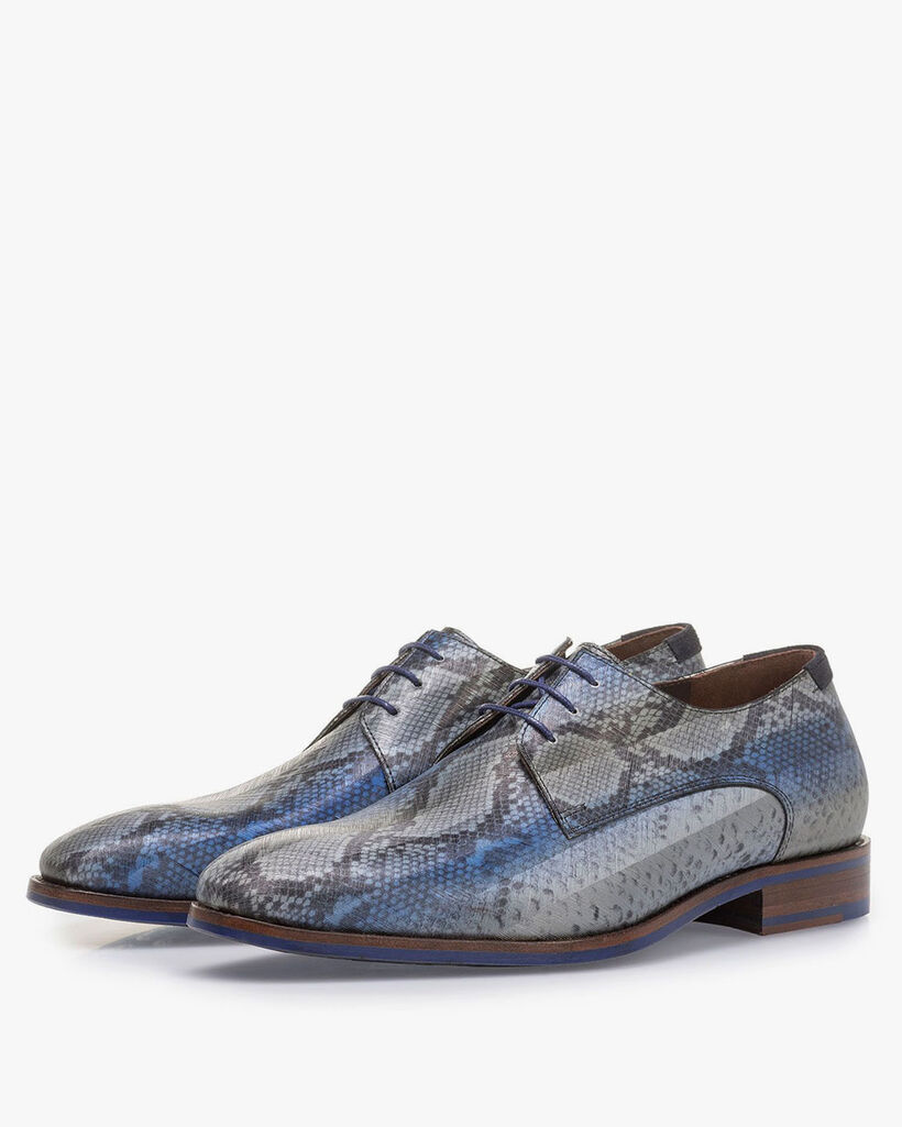 Grey patent leather lace shoe with snake print