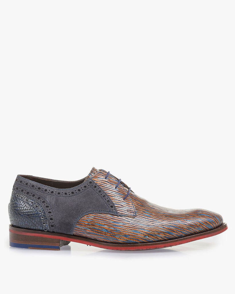 Blue and red lace shoe with lizard print