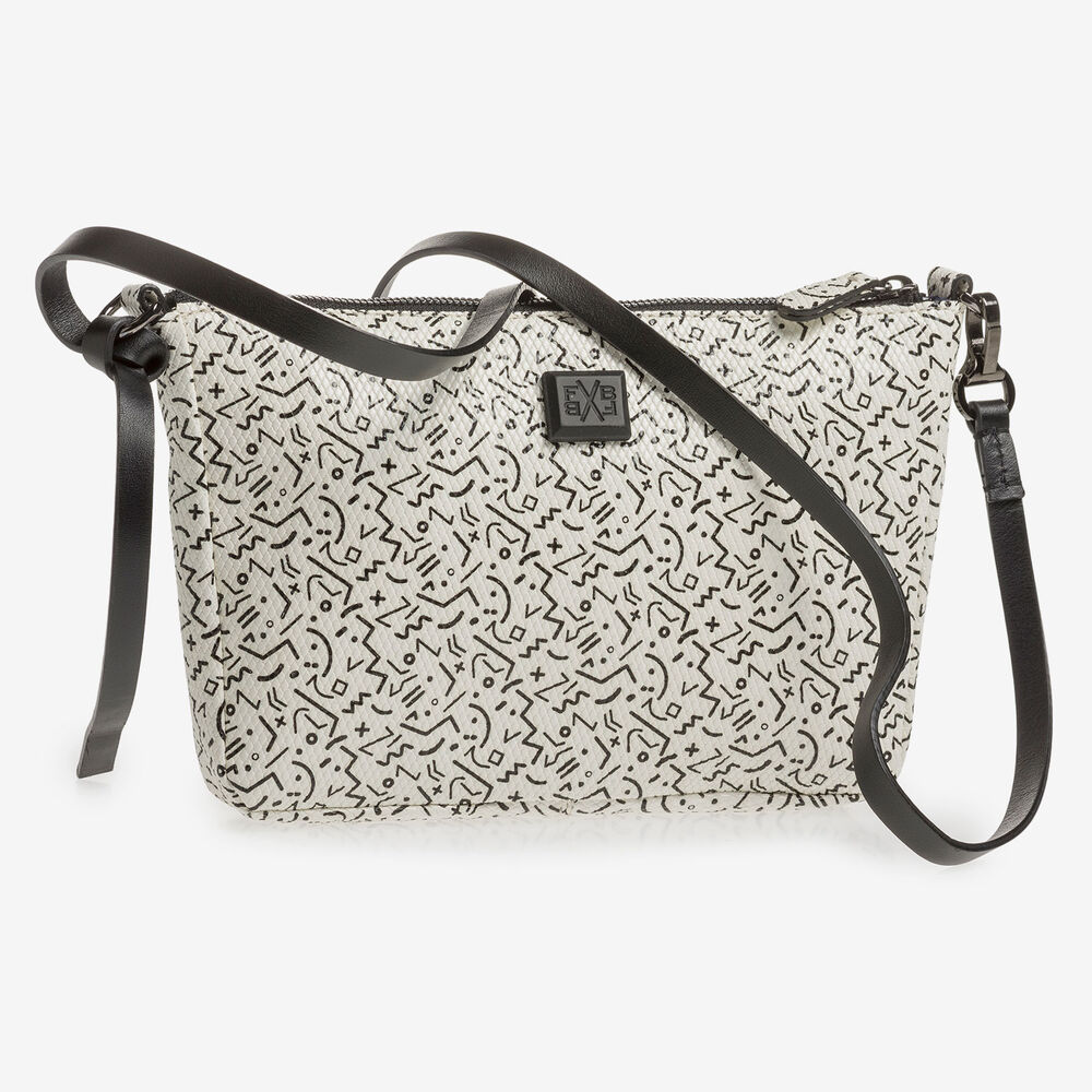White leather bag with black print