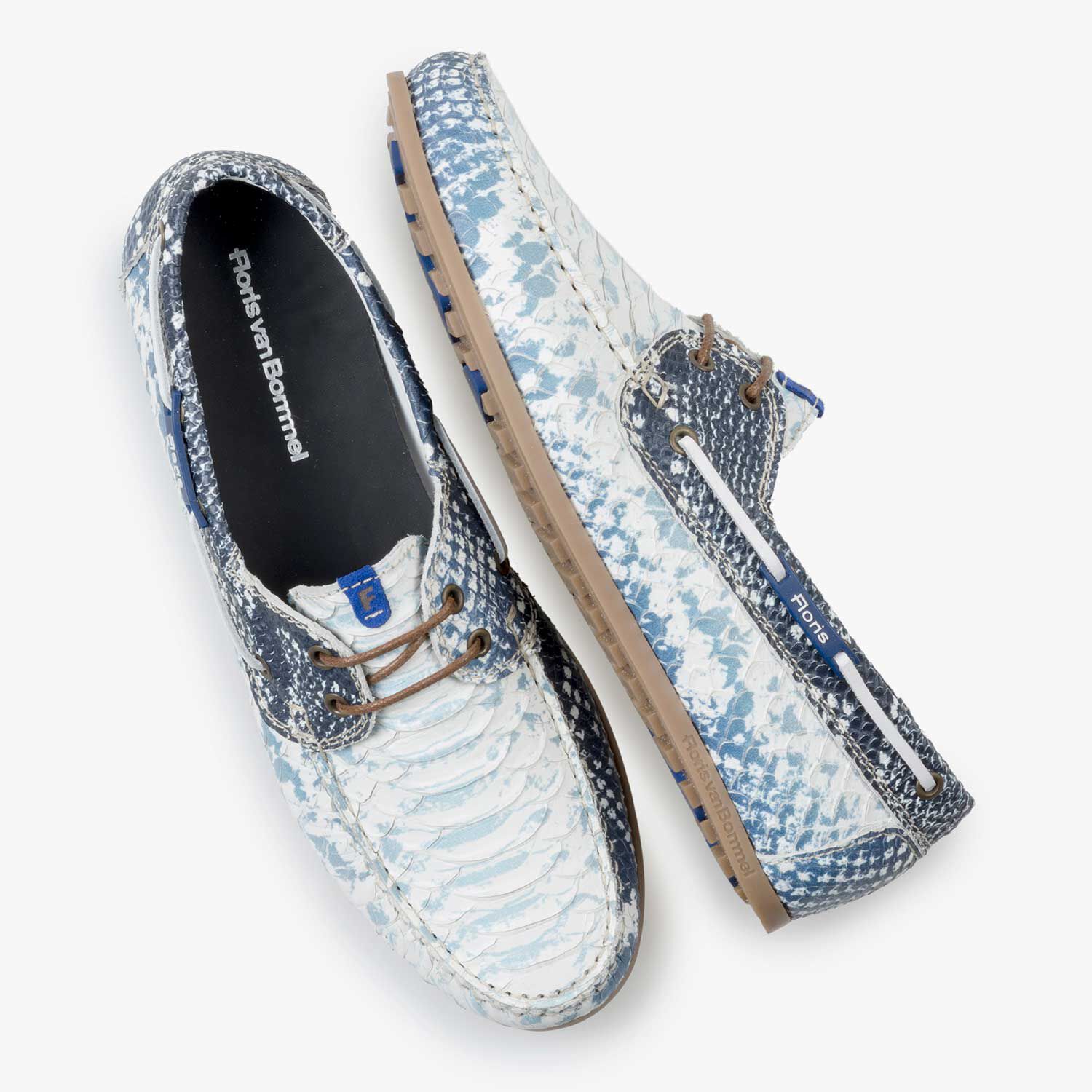 Dark blue leather boat shoe with snake print Floris van Bommel