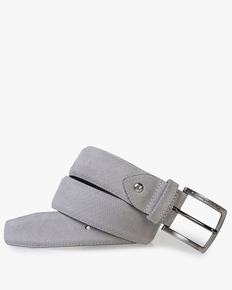 Light grey suede leather belt with print