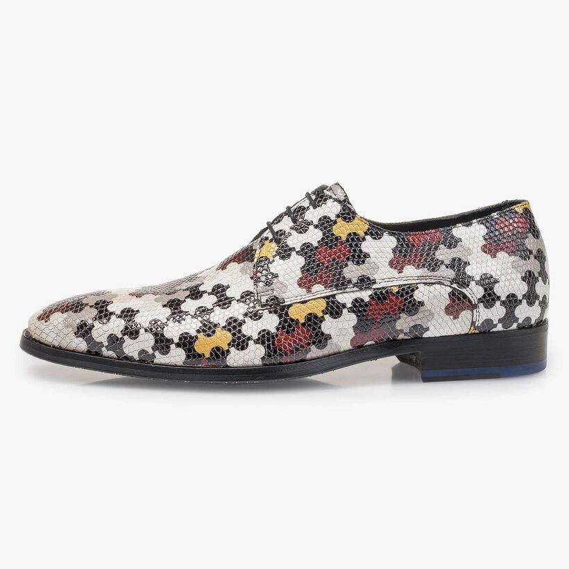 White calf leather lace shoe with multi-coloured print