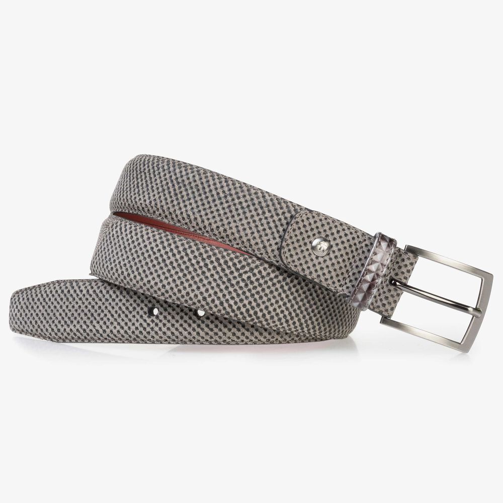 Taupe-colored suede leather belt with a print