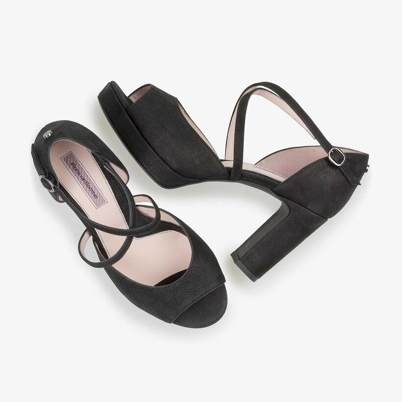 Black structured nubuck leather high-heeled sandal