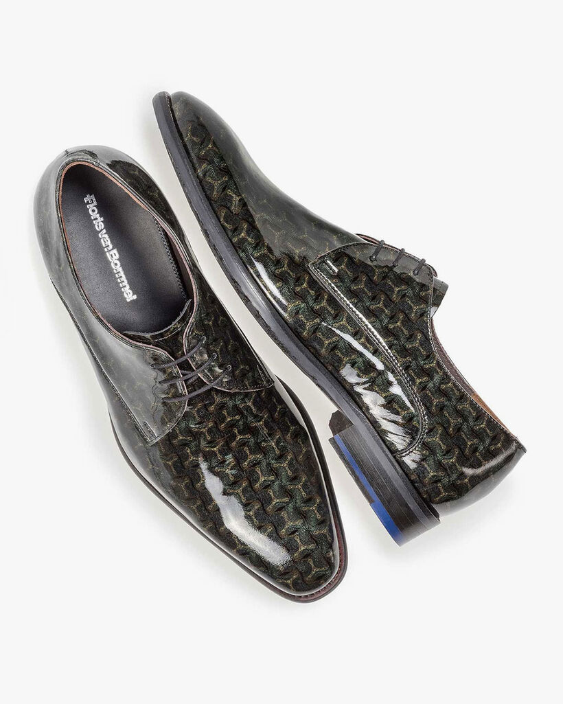 Green patent leather lace shoe with print