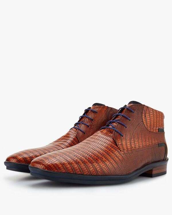 Lace boot printed leather cognac