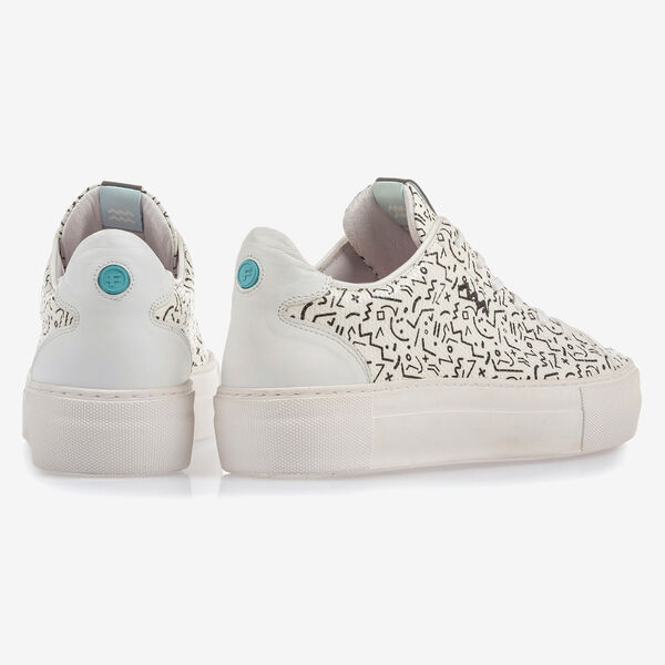 White leather sneaker with black print