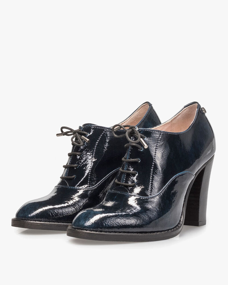 Blue patent leather heeled derby