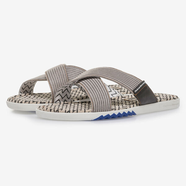 Beige suede leather cross strap slipper with print