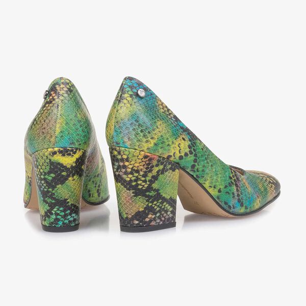 Green snake print leather pumps