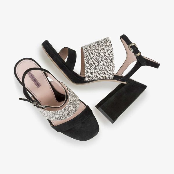 Black and white printed high-heeled suede leather sandal