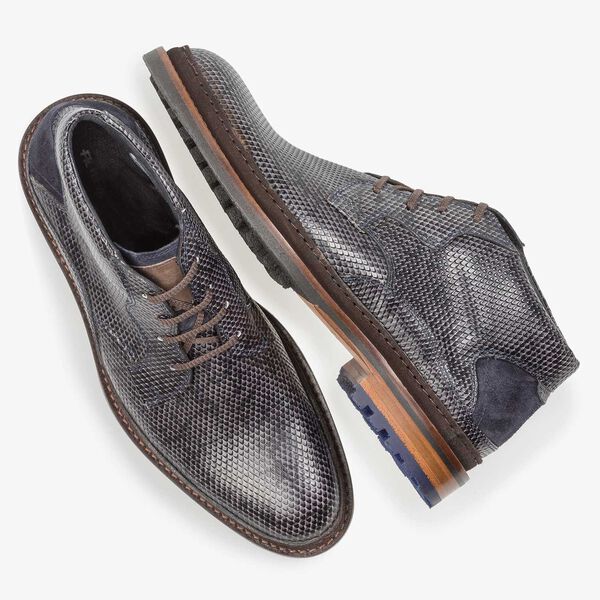 Dark grey leather lace boot with snake print