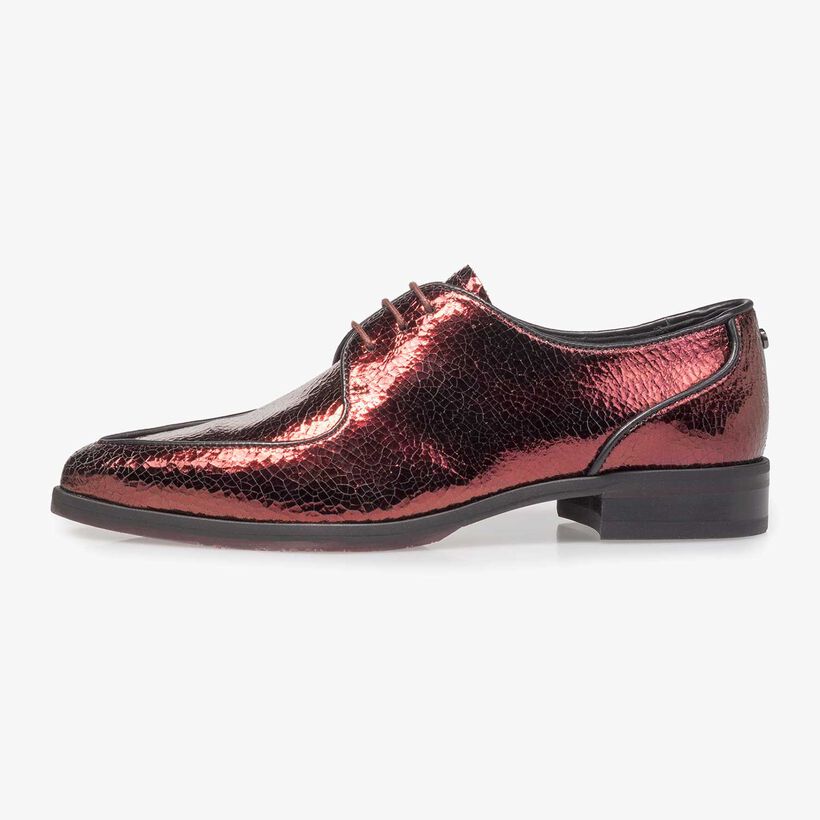 Red leather lace shoe with metallic print