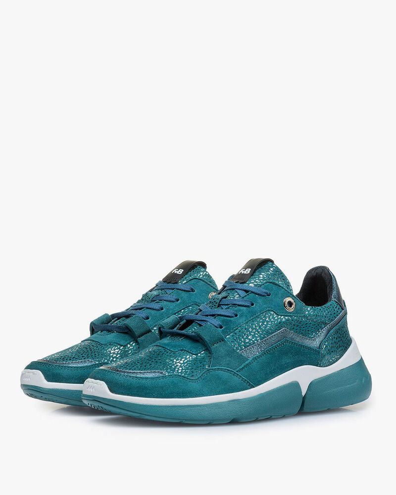 Blue suede leather sneaker with metallic print