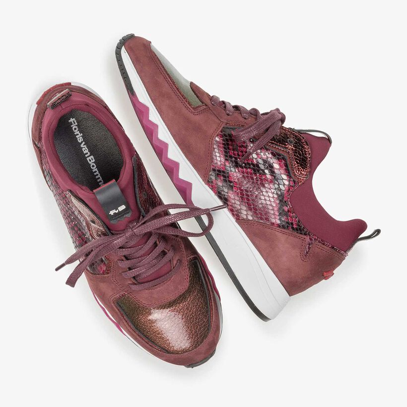 Red suede leather sneaker with snake print
