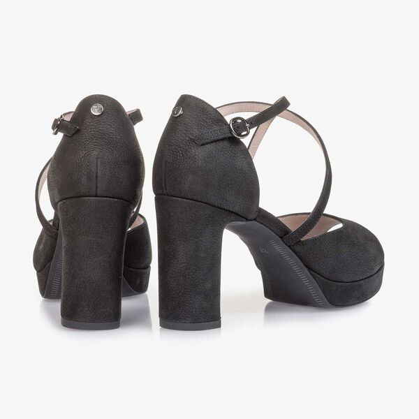 Black structured nubuck leather high-heeled sandal