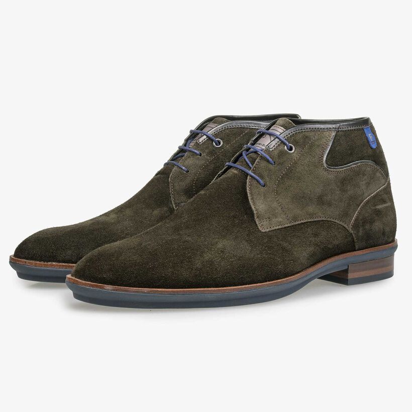 Olive green calf suede leather lace boot
