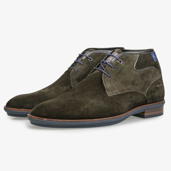Olive green calf suede leather lace boot