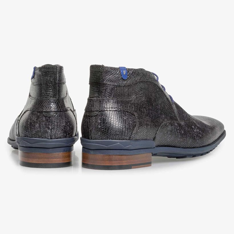 Black leather lace boot with lizard print