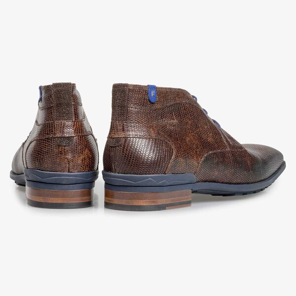 Dark brown leather lace boot with lizard print