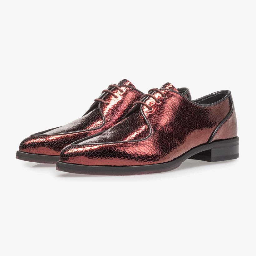 Red leather lace shoe with metallic print