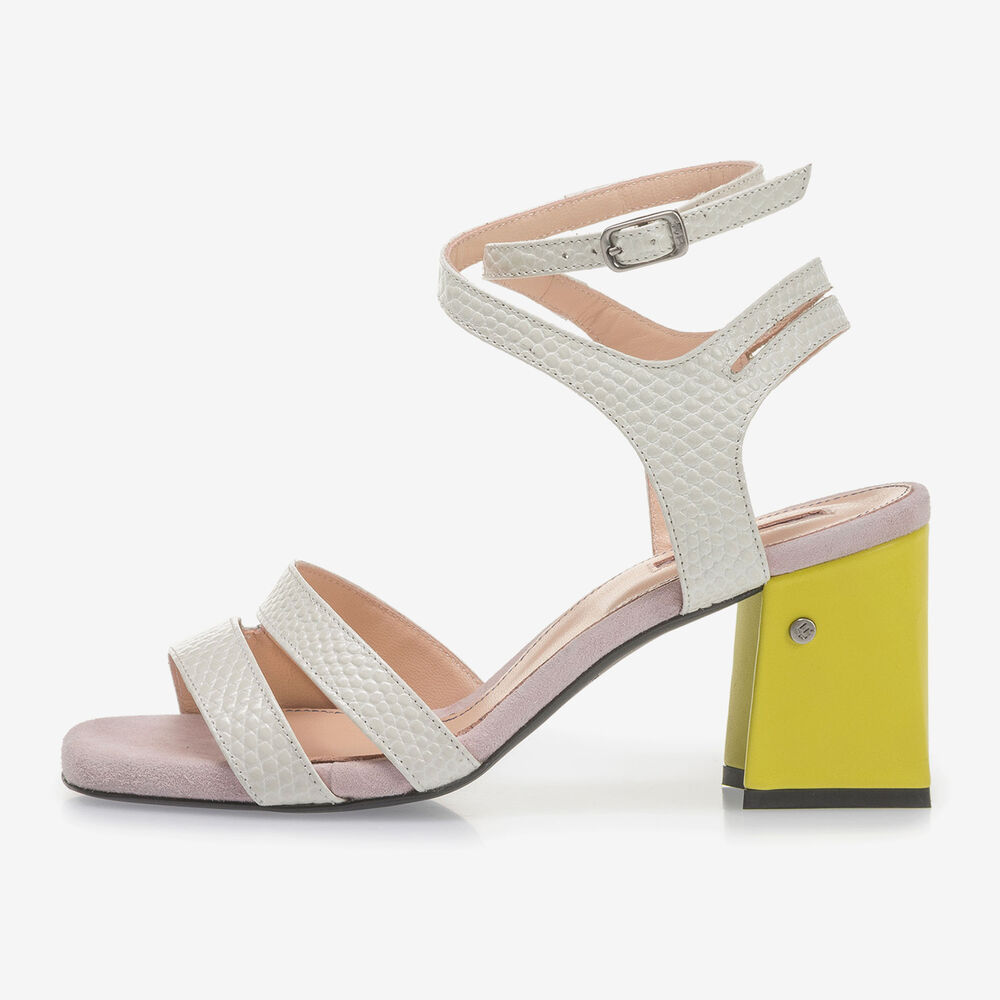 Off-white high-heeled sandals with pink and yellow details