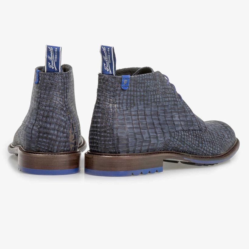 Dark blue nubuck leather lace shoe with croco print