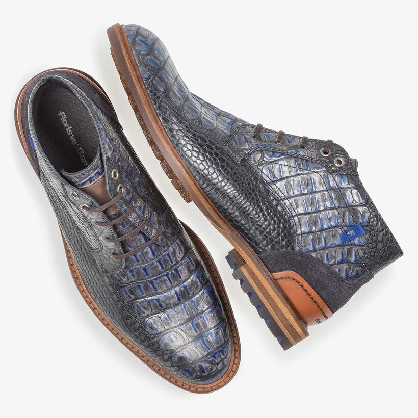 Blue leather lace boot with croco print
