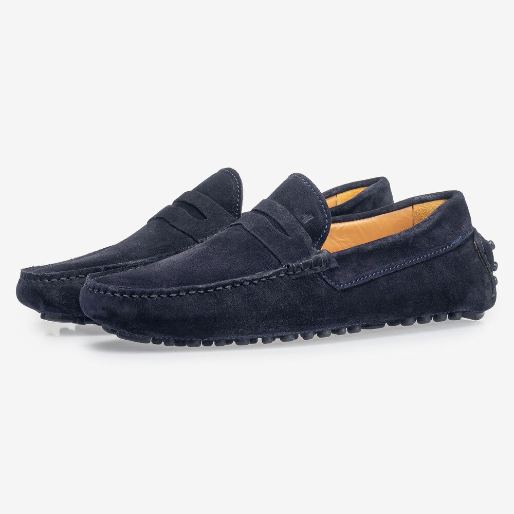 Dark blue suede leather moccasin