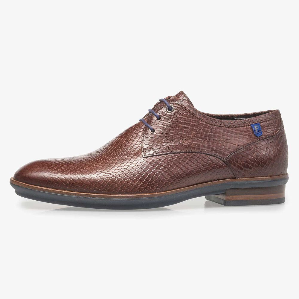 Cognac-coloured leather lace shoe with snake print