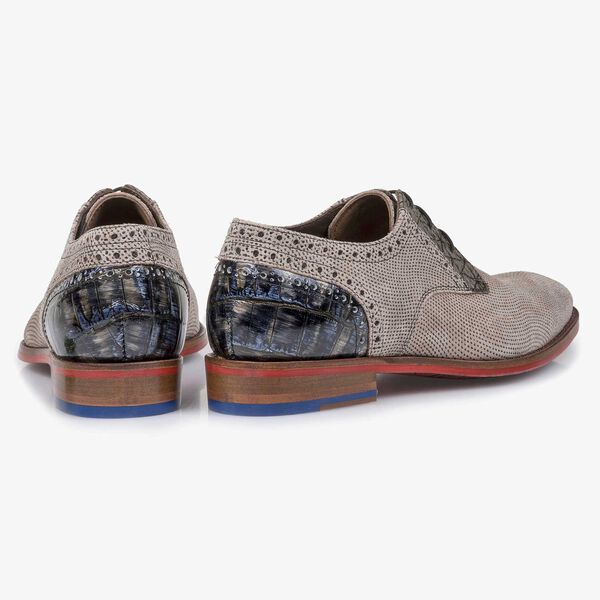 Taupe-coloured printed suede leather lace shoe