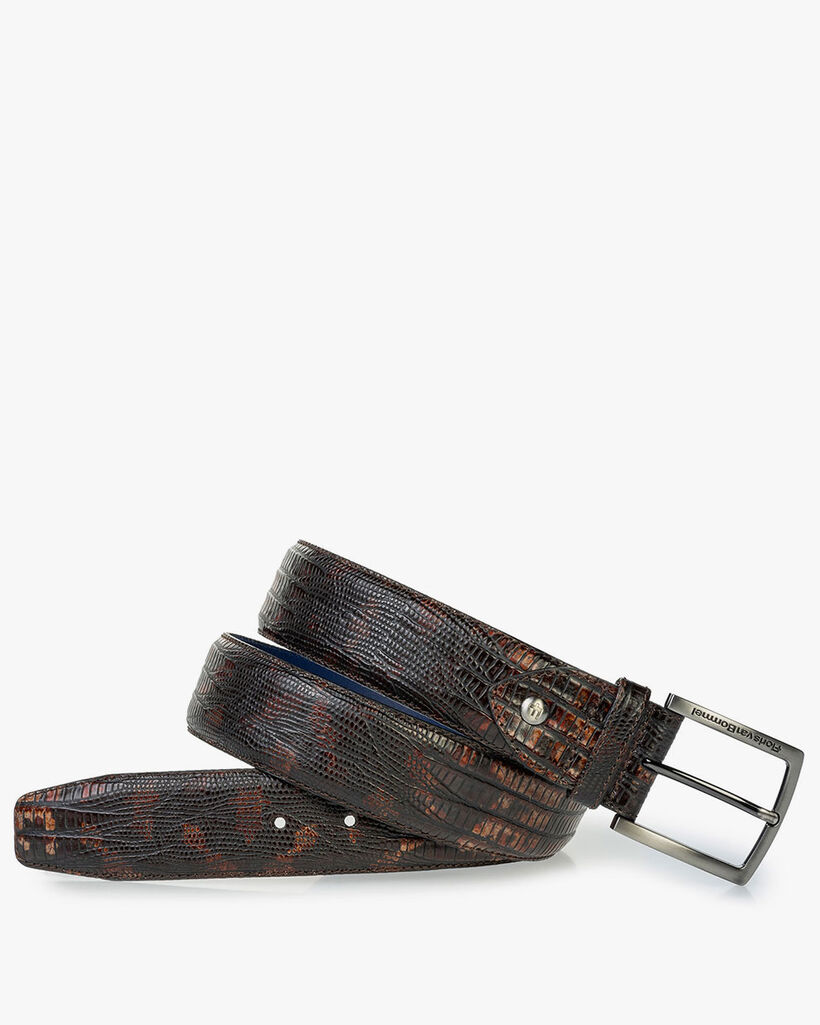Leather belt lizard print cognac