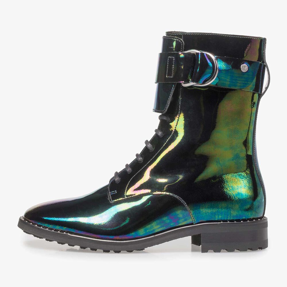 Multi-coloured patent leather lace boot