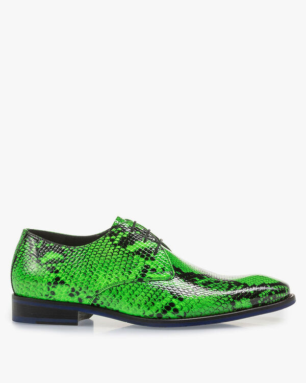 Premium fluorescent green leather lace shoe with snake print