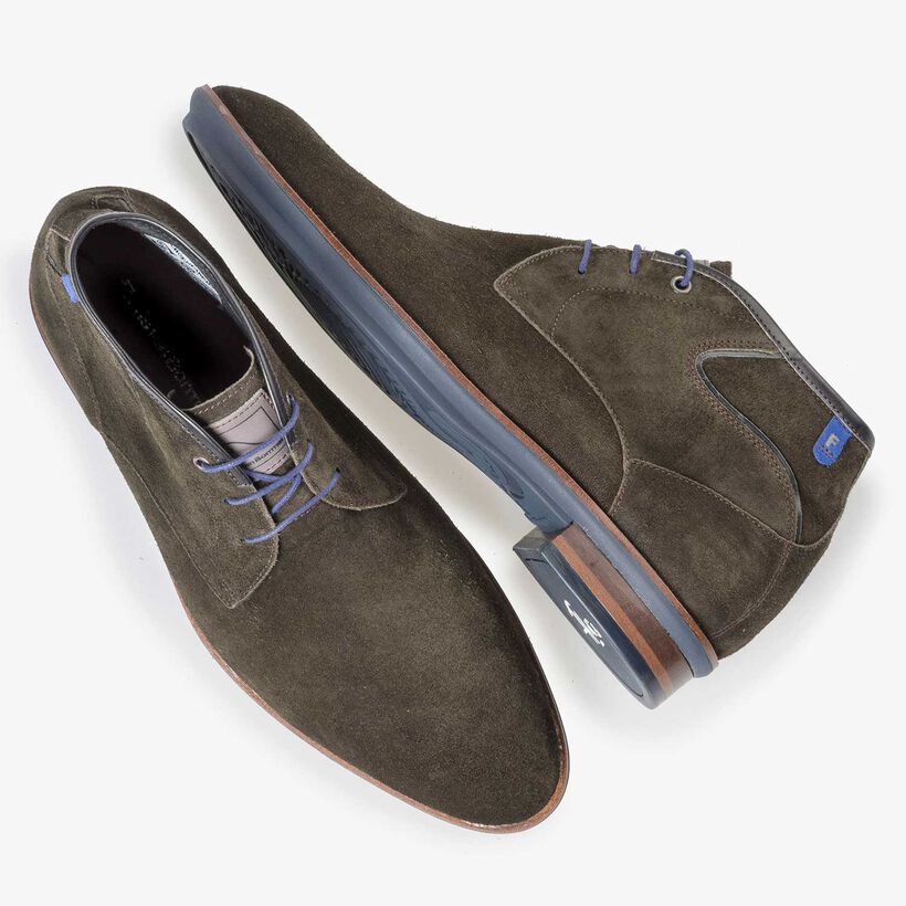 Olive green calf suede leather lace boot